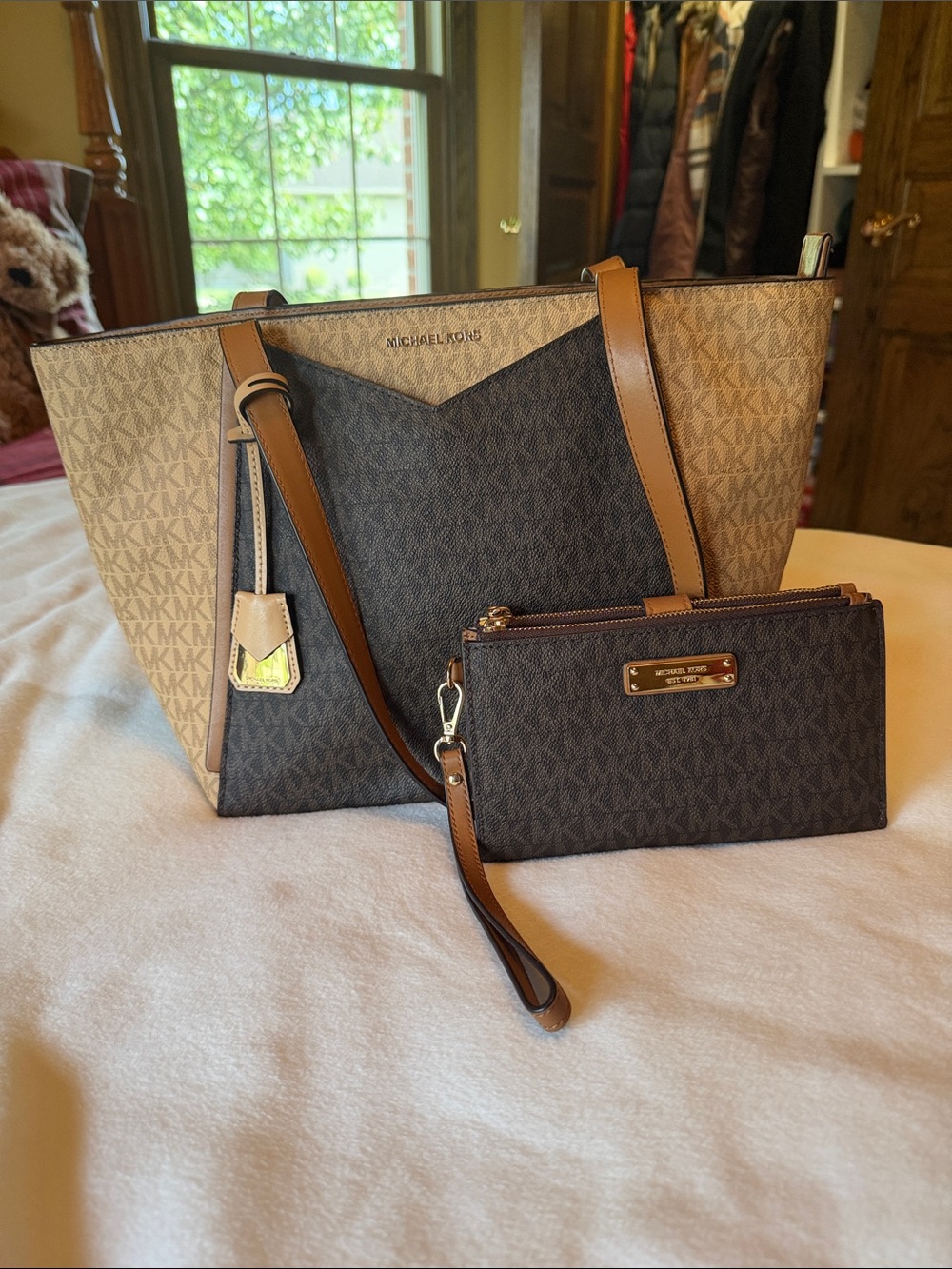 Michael Kors Two-Tone Brown Signature MK Tote with Matching Wristlet